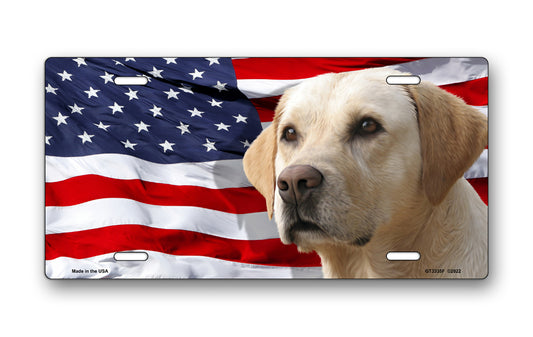Labrador (Yellow) on American Flag License Plate