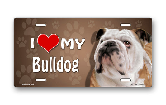 I Love My Bulldog on Paw Prints License Plate