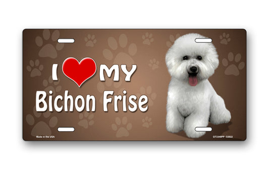I Love My Bichon Frise on Paw Prints License Plate