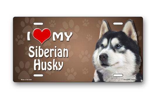 I Love My Siberian Husky on Paw Prints License Plate