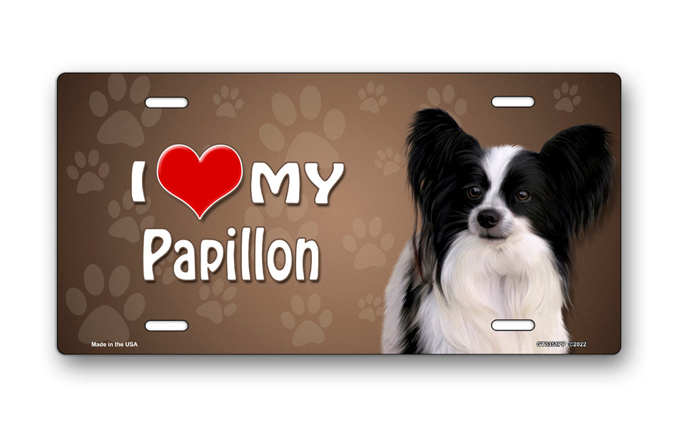 I Love My Papillon on Paw Prints License Plate
