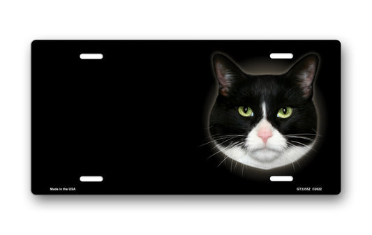 Black and White Cat on Black Offset License Plate