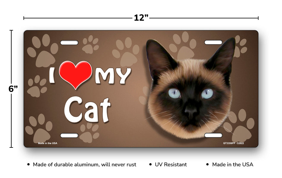 I Love My Cat (Siamese) on Paw Prints License Plate