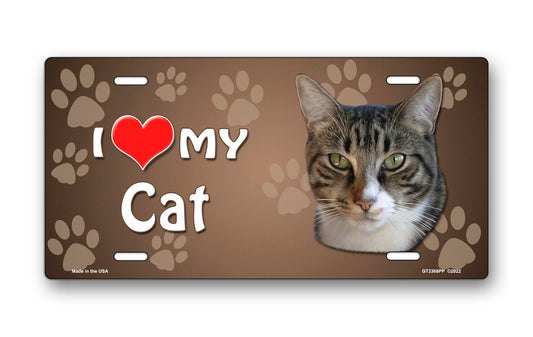 I Love My Cat (Grey and White Tabby) on Paw Prints License Plate