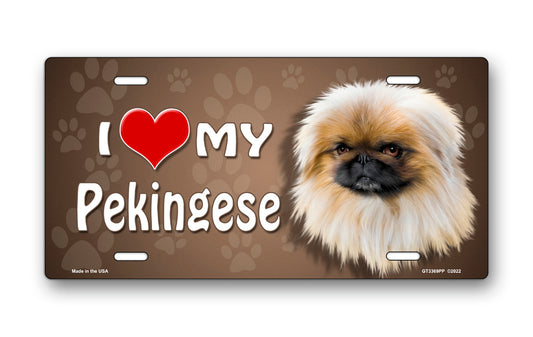 I Love My Pekingese on Paw Prints License Plate
