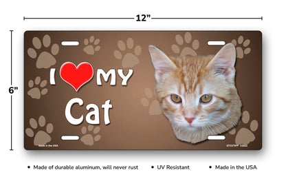 I Love My Cat (Orange and White Tabby) on Paw Prints License Plate