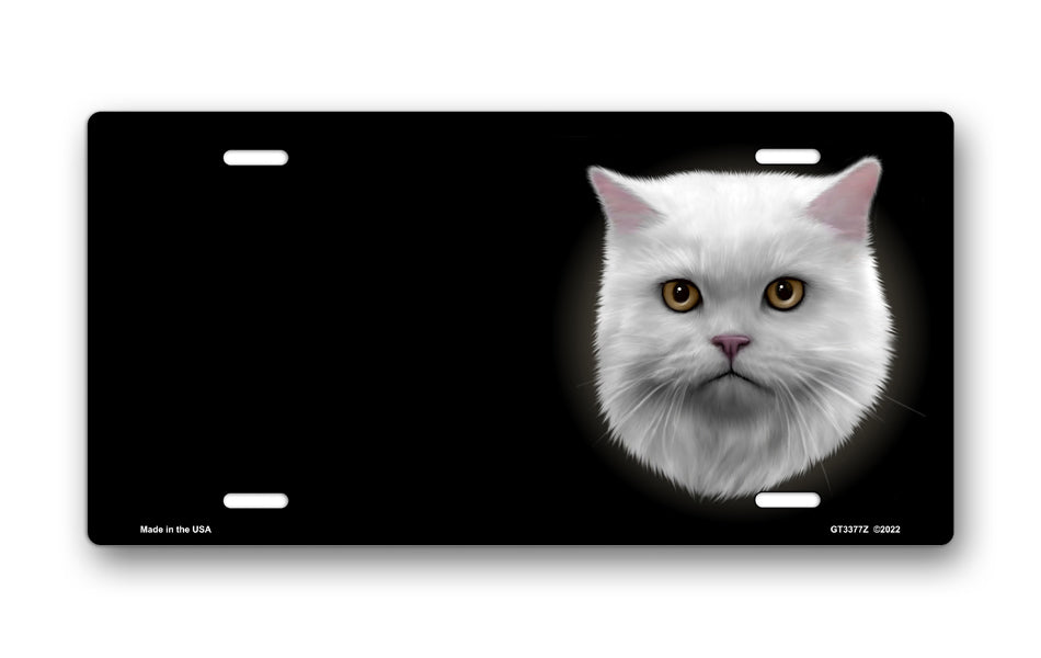 White Persian Cat on Black Offset License Plate