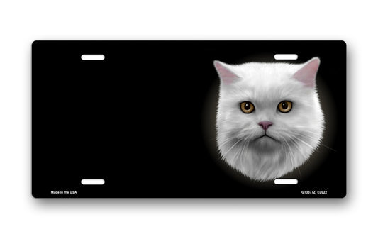 White Persian Cat on Black Offset License Plate