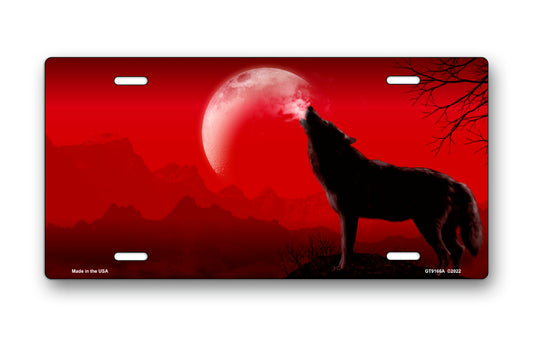 Howling Wolf on Red Offset License Plate