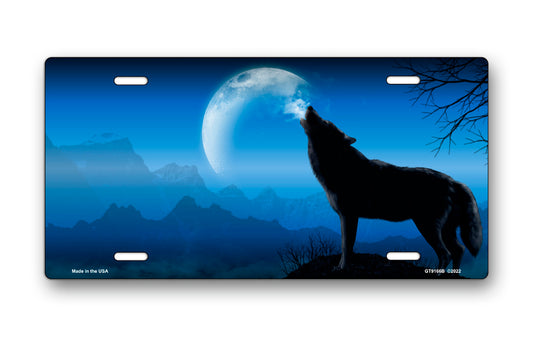 Howling Wolf on Blue Offset License Plate