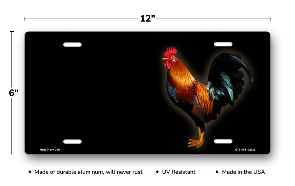 Rooster on Black Offset License Plate