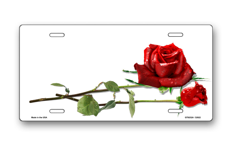 Red Roses on White Offset License Plate