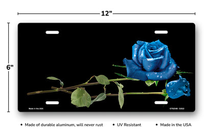 Blue Roses on Black Offset License Plate