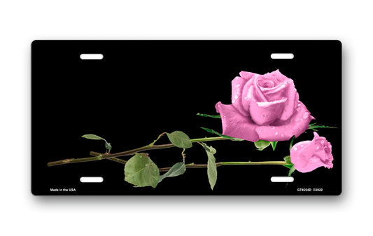 Pink Roses on Black Offset License Plate