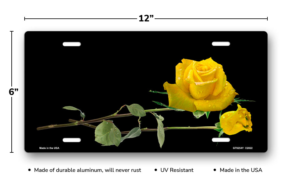 Yellow Roses on Black Offset License Plate