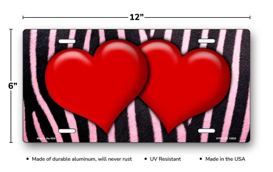 Red Hearts on Pink Zebra Fur License Plate