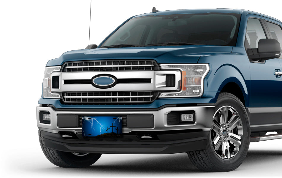 Three Crosses and Lightning on Blue License Plate