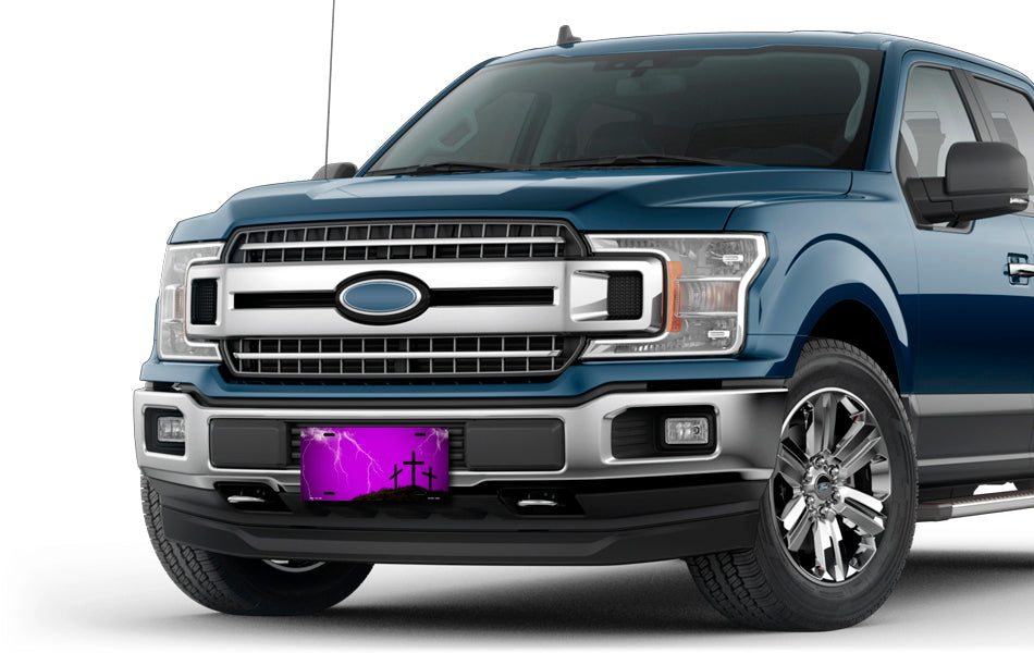 Three Crosses and Lightning on Purple License Plate