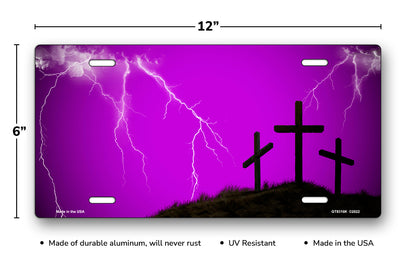 Three Crosses and Lightning on Purple License Plate