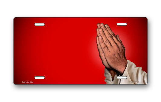 Praying Hands on Red Offset License Plate