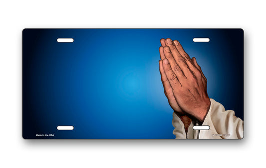Praying Hands on Blue Offset License Plate