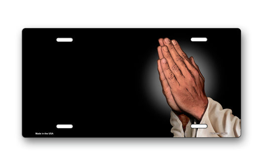 Praying Hands on Black Offset License Plate