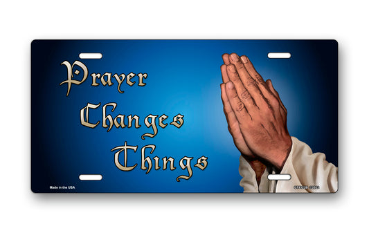 Prayer Changes Things Praying Hands on Blue Offset License Plate