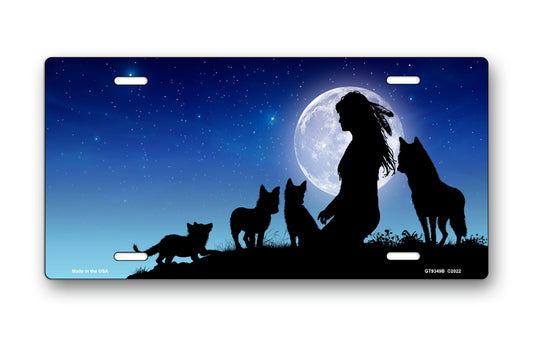 Indian and Wolves on Night Sky License Plate