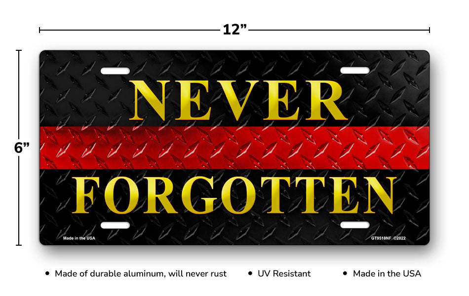 Never Forgotten Red Line on Black Simulated Diamond Plate License Plate
