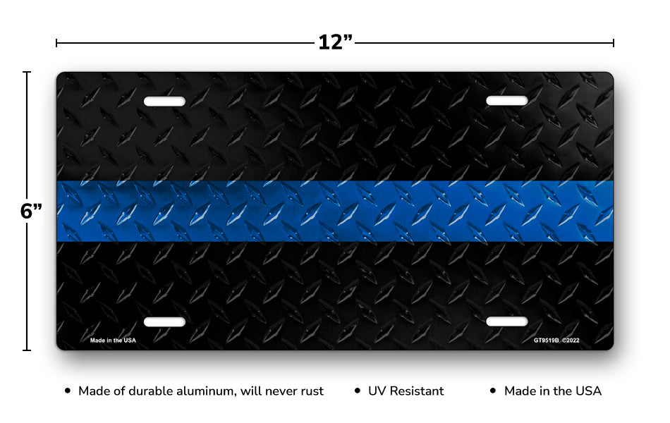 Blue Line on Black Diamond Plate License Plate