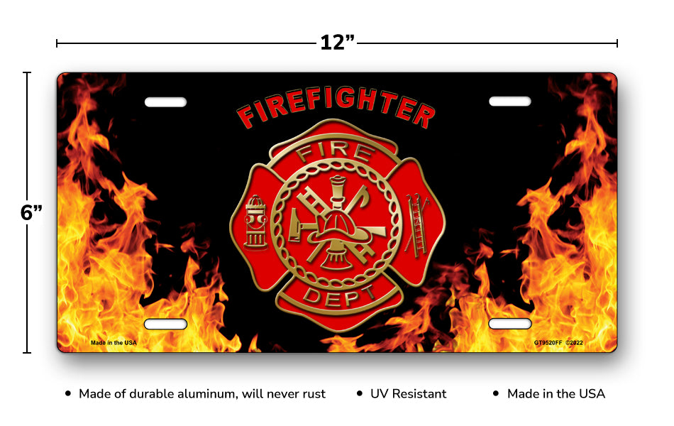 Firefighter and Fire Dept Crest on Realistic Flames License Plate