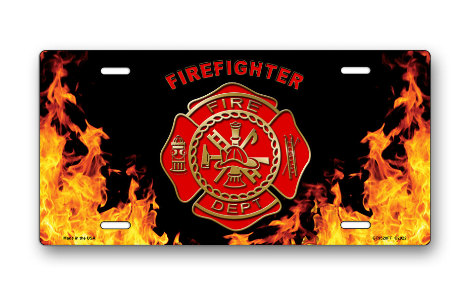 Firefighter and Fire Dept Crest on Realistic Flames License Plate