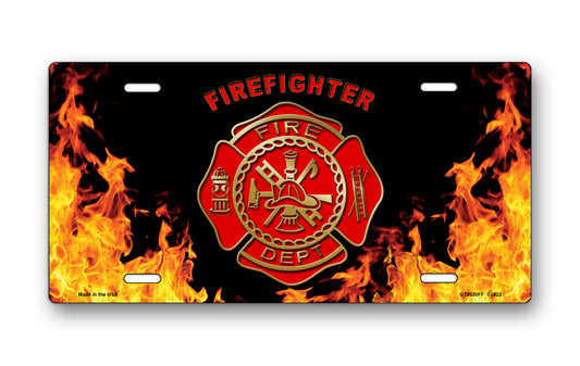 Firefighter and Fire Dept Crest on Realistic Flames License Plate