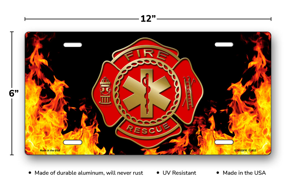 Fire Rescue Emblem on Realistic Flames License Plate
