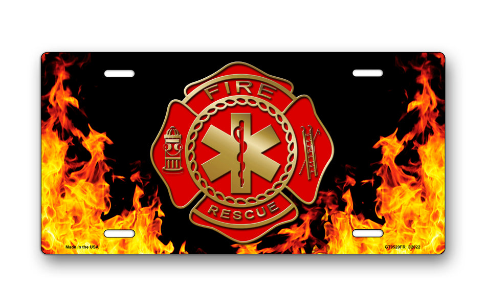 Fire Rescue Emblem on Realistic Flames License Plate