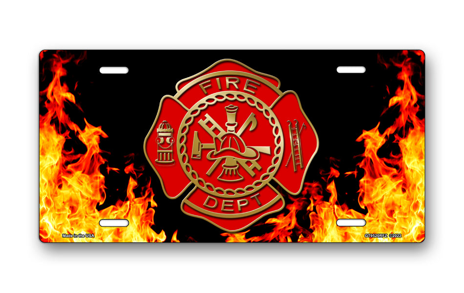Fire Dept Crest on Realistic Flames License Plate