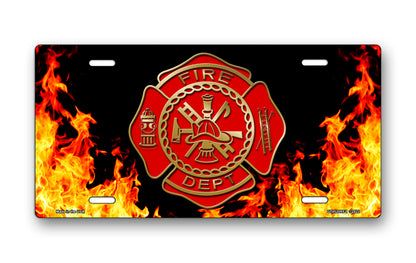 Fire Dept Crest on Realistic Flames License Plate