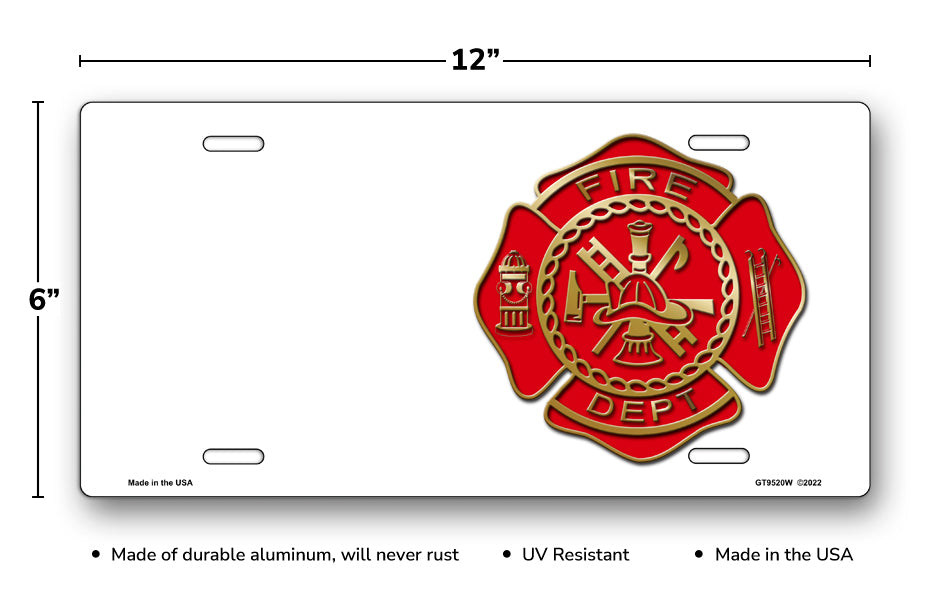 Fire Dept Crest on White Offset License Plate