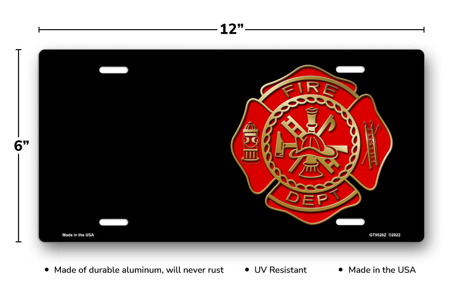 Fire Dept Crest on Black Offset License Plate