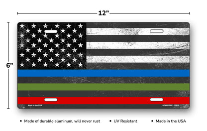 Thin Blue, Red and Green Lines American Flag License Plate