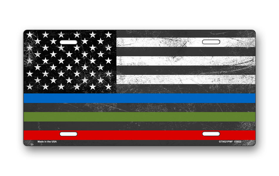 Thin Blue, Red and Green Lines American Flag License Plate