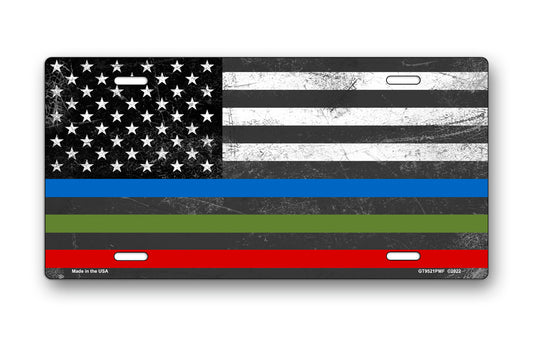 Thin Blue, Red and Green Lines American Flag License Plate