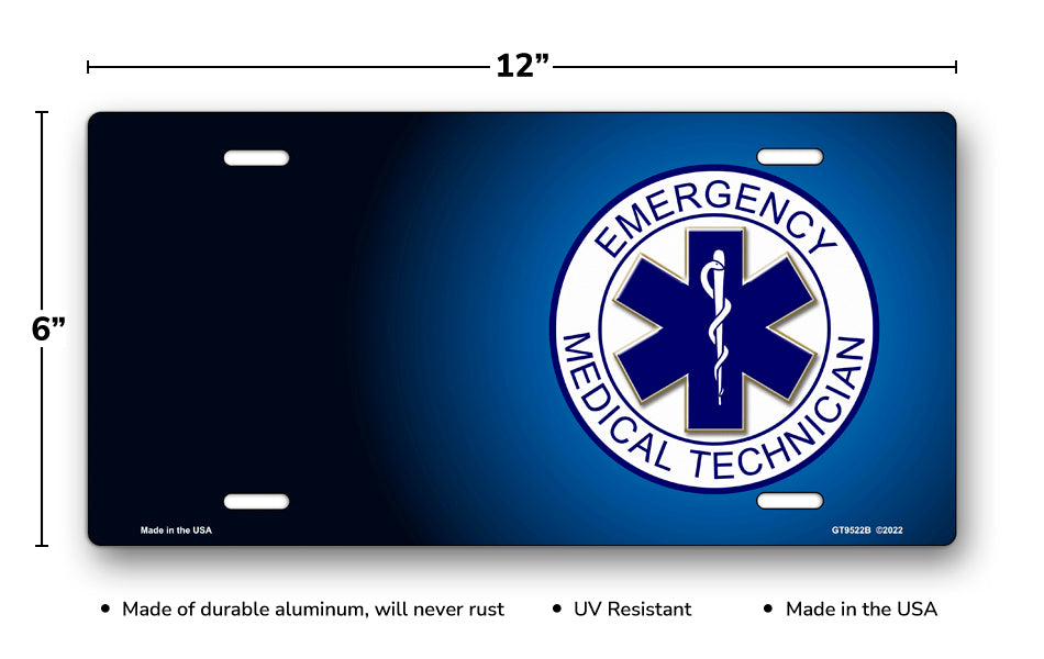 Emergency Medical Technician Emblem on Blue Offset License Plate