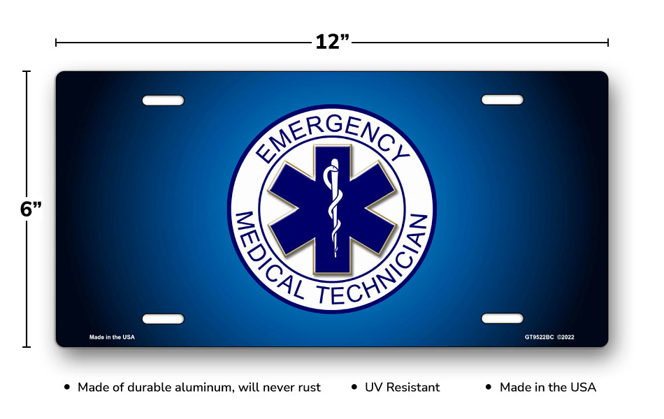 Emergency Medical Technician Emblem on Blue License Plate