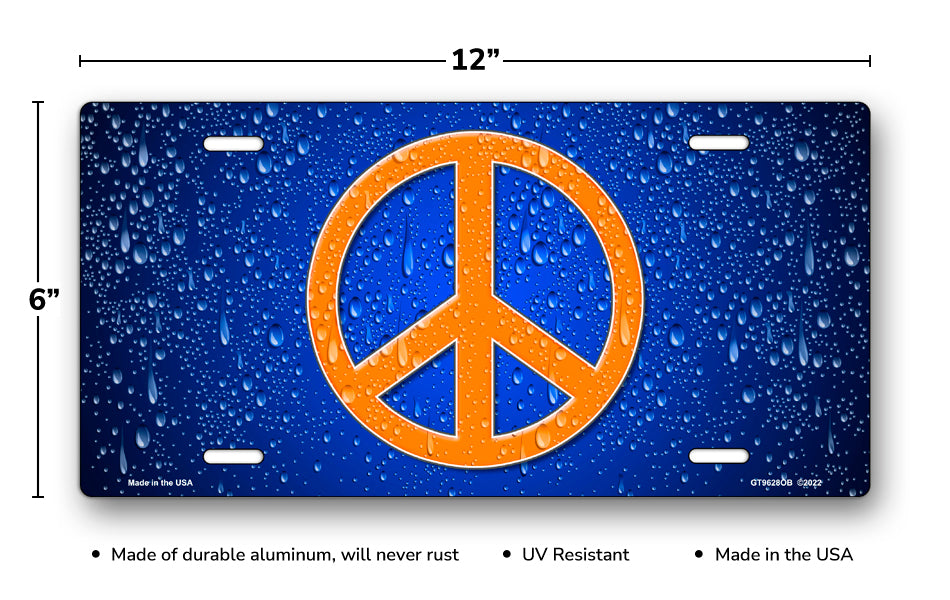 Orange Peace Symbol on Blue with Water Drops License Plate