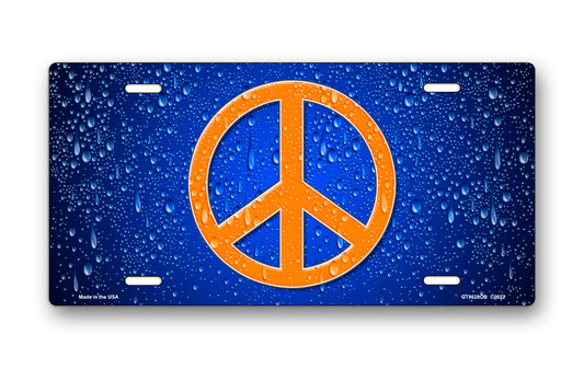Orange Peace Symbol on Blue with Water Drops License Plate