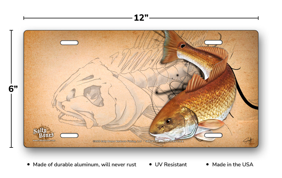 Salty Bones Redfish Sketch License Plate