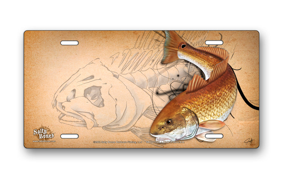 Salty Bones Redfish Sketch License Plate