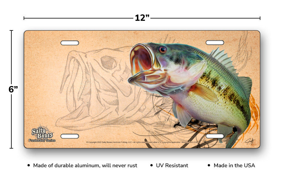Salty Bones Large Mouth Bass Sketch License Plate