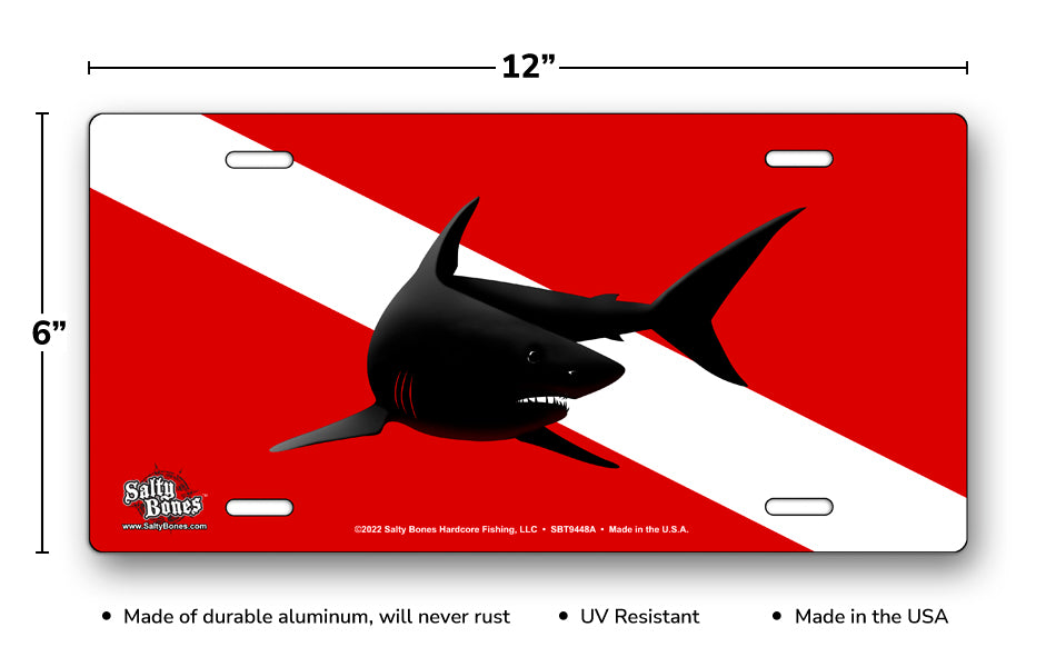 Salty Bones Shark Silhouette on Dive Flag License Plate